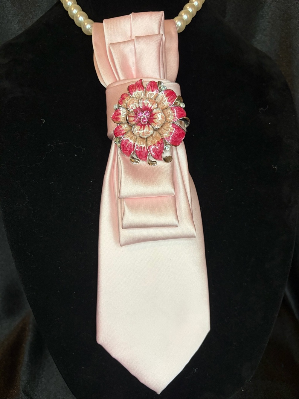 Pink Floral Brooch Necklace Tie Accent - Elegant Women’s Jewelry